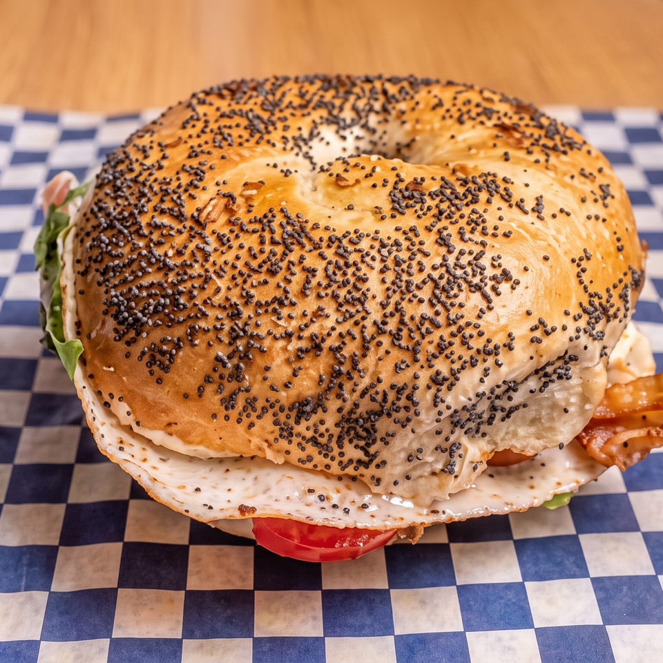 Bagel sandwich with poppy seeds, fried egg, bacon, lettuce, tomato, and creamy sauce on blue-and-white checkered paper.
