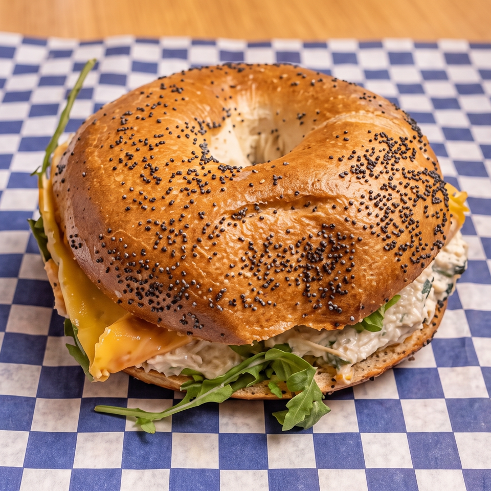 Poppy-seed bagel sandwich with chicken salad, melted cheese, and greens on blue-and-white checkered paper.