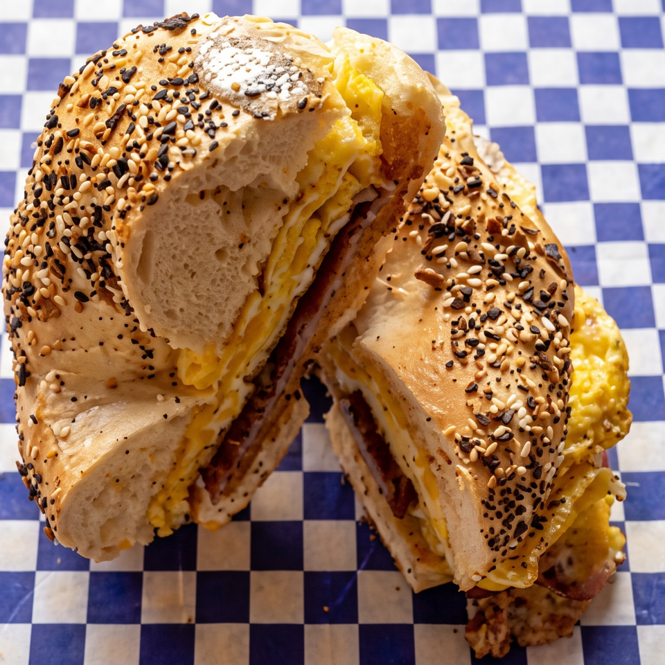Stacked everything bagel breakfast sandwiches with eggs, melted cheese, and bacon on blue-and-white checkered paper.