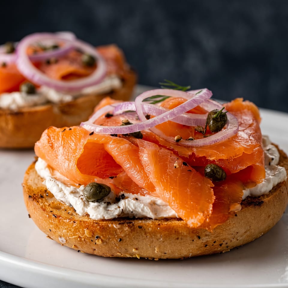 Bagel topped with cream cheese, smoked salmon, tomato, red onion, capers, olives, and fresh herbs.
