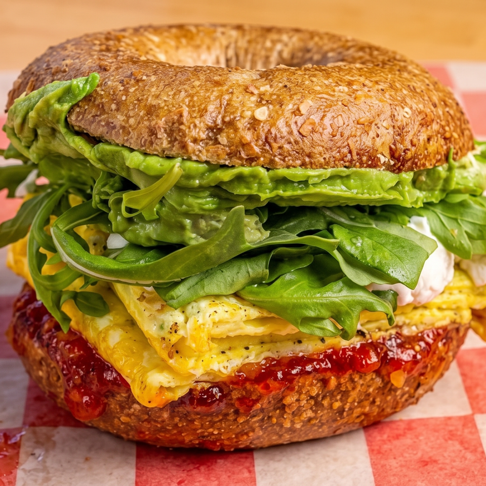 Loaded seeded bagel sandwich with scrambled egg, melted cheese, tomato jam, avocado, and leafy greens on a red-checkered tablecloth.