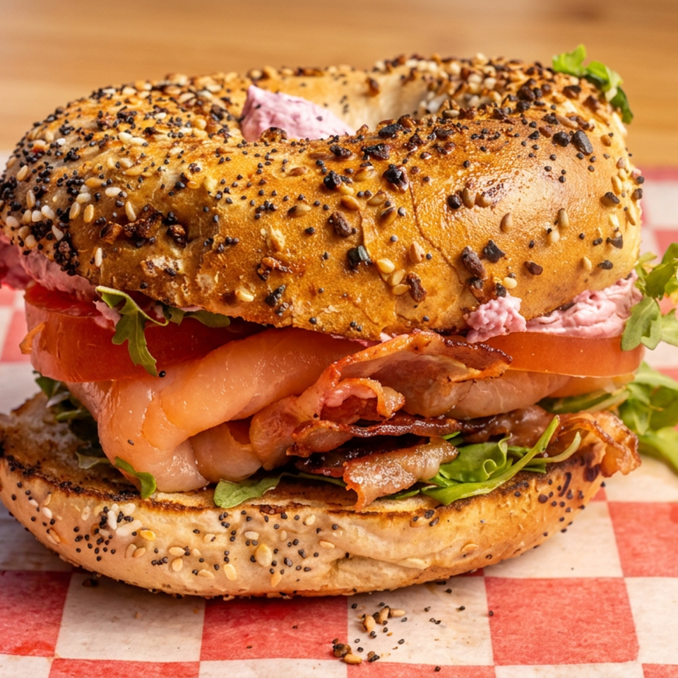 Loaded everything bagel sandwich with smoked salmon, bacon, tomato, greens, and pink cream cheese on red-and-white checkered paper.
